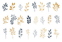 Gold Floral Elements Collection. Vector Glitter Textured  Fir Branches, Leaf, Berries, Leaves Botanical Set. Perfect For Winter And Autumn Holidays. Golden Merry Christmas And New Year Card, Banner