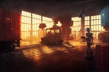 Fototapete - A large room with a robot, cars, boxes and panoramic windows 3d illustration