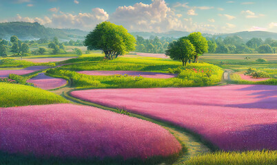 Wall Mural - Bright green fields, paths and bushes with purple flowers under a clear sky 3d illustration