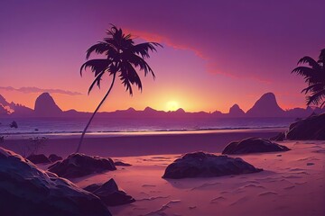 Poster - Sunset on the beach with palm trees, plants, stones and sand on the seashore under a beautiful purple sky 3d illustration