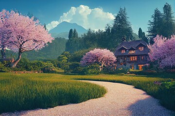 Wall Mural - Summer landscape of a summer garden with green flowering trees, bushes and plants. Path leading to a country house under a clear sky 3d illustration