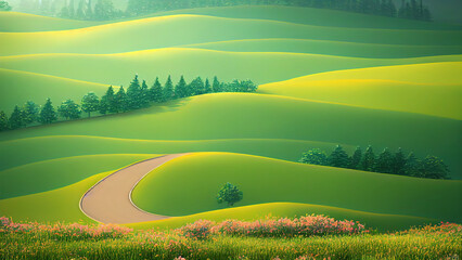 Poster - clear summer day with a green meadow and a road in a mountain valley, delicate flowers under a clear sky 3d illustration