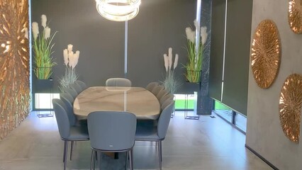 Leinwandbilder - Roller blinds on the windows in the interior. Automatic double solar and blackout shades large size. Modern interior with wood decor panels on the wall. Electric sunscreen curtains for home. 