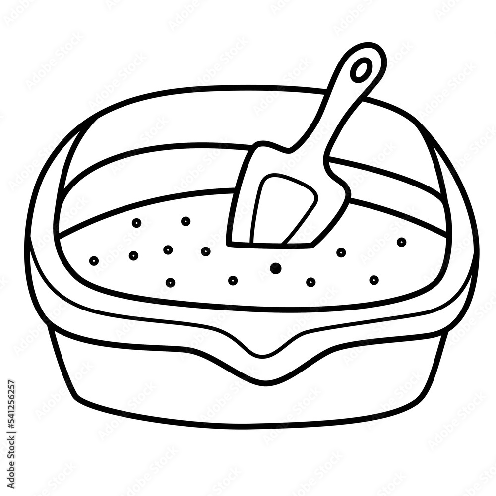 Cat litter box icon, scoop for cat litter, pet supplies icon, doodle illustration of litterbox for animals, vector accessories for pet shop, isolated outline clipart on white background