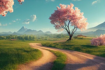 Poster - Early morning in a green field with a dirt road and trees along the roadside 3d illustration