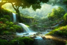 Mountain Green Valley With A Waterfall And Stormy Water That Falls From A Height And Trees, Stones Under A Blue Sky 3d Illustration