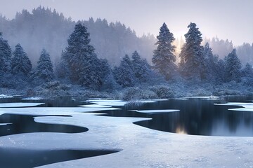 Poster - Winter forest with a frozen pond covered with white snow pine trees 3d illustration