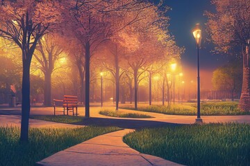 Wall Mural - City park in the late evening with benches, with street lamps along the paths, with green trees 3d illustration