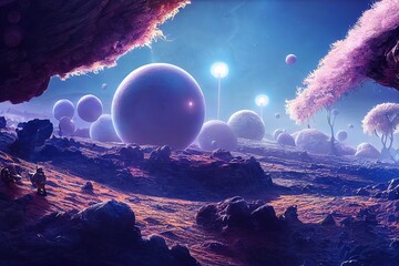 Alien planet with rocks, flying rocks and glowing purple rocks under blue starry space sky 3d illustration