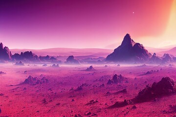 Sticker - The planet Mars and its purple desert surface with mountains and stars shine on a pink sky 3d illustration