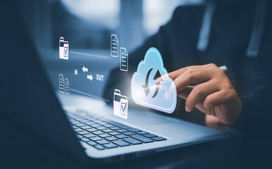 Wall Mural - cloud technology concept global network of metaverse systems concept, man hand touch data with inter