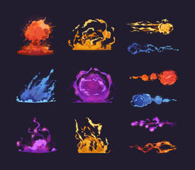 Power blast and explosion. Cartoon colorful game laser beam and plasma rays effect asset, magic spell and lightning strike sprite graphic. Vector isolated set