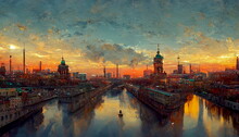 Panoramic View Of Berlin At Sunset. Digital Art And Concept Digital Illustration.