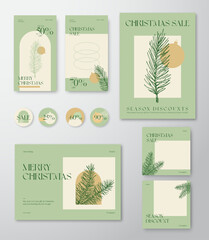 Wall Mural - Christmas Social Media Advertising Editable Templates Set. Pine Branch, Bauble, Typography for Social Networks Stories Highlights and Posts Backgrounds Boho Holiday Greeting Cards or Banners