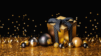 Congratulation Merry Christmas and Happy New Year. Golden box with a gift and Christmas balls on a black and gold background