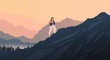 Concept Of Successive Steps To Goal Achievement. Climbing Concept. Illustration For Freedom And Travel Concept. Woman Climbing Up Mountains Or Cliffs And Moving To Final Destination Point