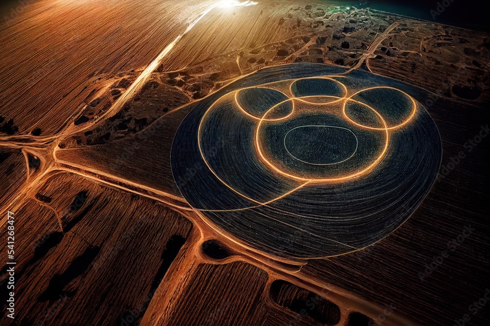 A photo shows a view of crop circles at night, with alien symbols made on wheat ears fields for a extraterrestrial contact. UFO invasion concept in 3D illustration.