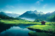 Beautiful summer landscape with hut, lake and mountains