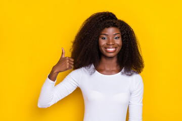Wall Mural - Portrait of positive cheerful person hand finger demonstrate thumb up approve isolated on yellow color background