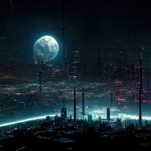 Digital Render Of A Futuristic Dystopian Demolished Cyberpunk City At Night