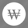 © Alexey - A large Korean won sign in the center as a hatch of black lines on a white circle. Interlaced effect. Seamless pattern with striped black and white diagonal slanted lines