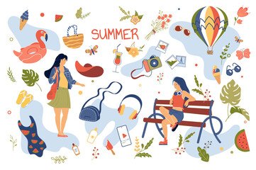 Summer concept isolated elements set. Collection of woman in summer clothes walking, sitting on bench, swimsuit, photo camera, ice cream, balloon and other. Illustration in flat cartoon design