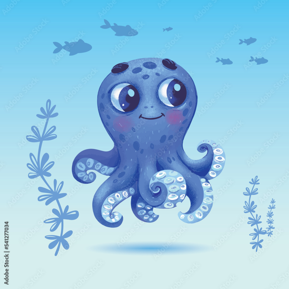 Cute octopus in underwater world cartoon, vector cartoon illustration ...