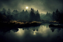 River In Moonlight, Magical Landscape