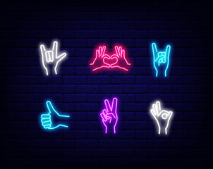 Wall Mural - Hand poses neon icons collection. Cool, ok and heart forms. Pop art style. Vector illustration