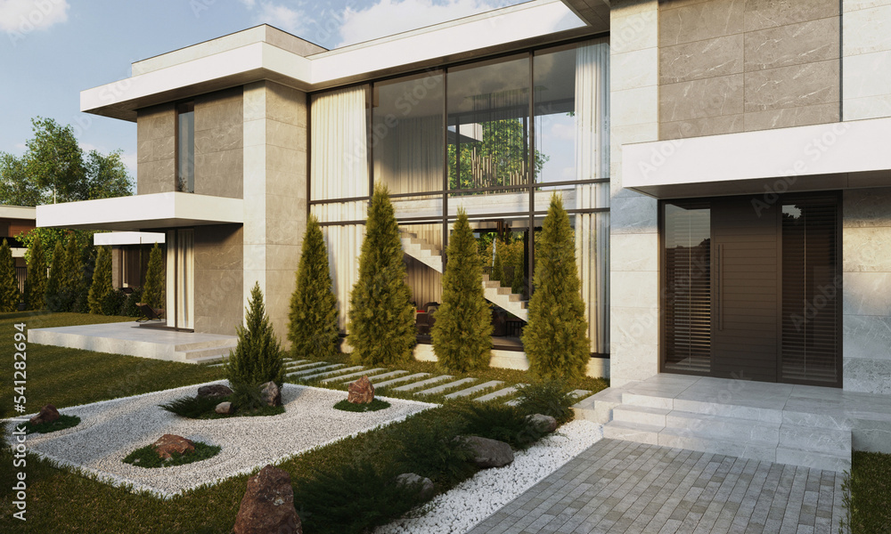 3D visualization of a modern house with a terrace and panoramic windows ...