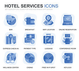 Poster - Modern Set Hotel Service Gradient Flat Icons for Website and Mobile Apps. Contains such Icons as Restaurant, Room Services, Reception. Conceptual color flat icon. Vector pictogram pack.