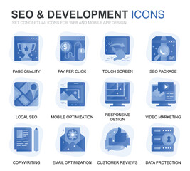 Poster - Modern Set Seo and Development Gradient Flat Icons for Website and Mobile Apps. Contains such Icons as Clean Code, Data Protection, Monitoring. Conceptual color flat icon. Vector pictogram pack.