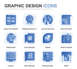 Modern Set Web and Graphic Design Gradient Flat Icons for Website and Mobile Apps. Contains such Icons as Studio, Tools, App Development, Retouching. Conceptual color flat icon. Vector pictogram pack.