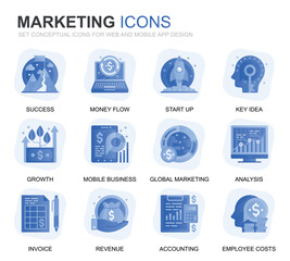 Aufkleber - Modern Set Business and Marketing Gradient Flat Icons for Website and Mobile Apps. Contains such Icons as Vision, Mission, Planning, Market. Conceptual color flat icon. Vector pictogram pack.
