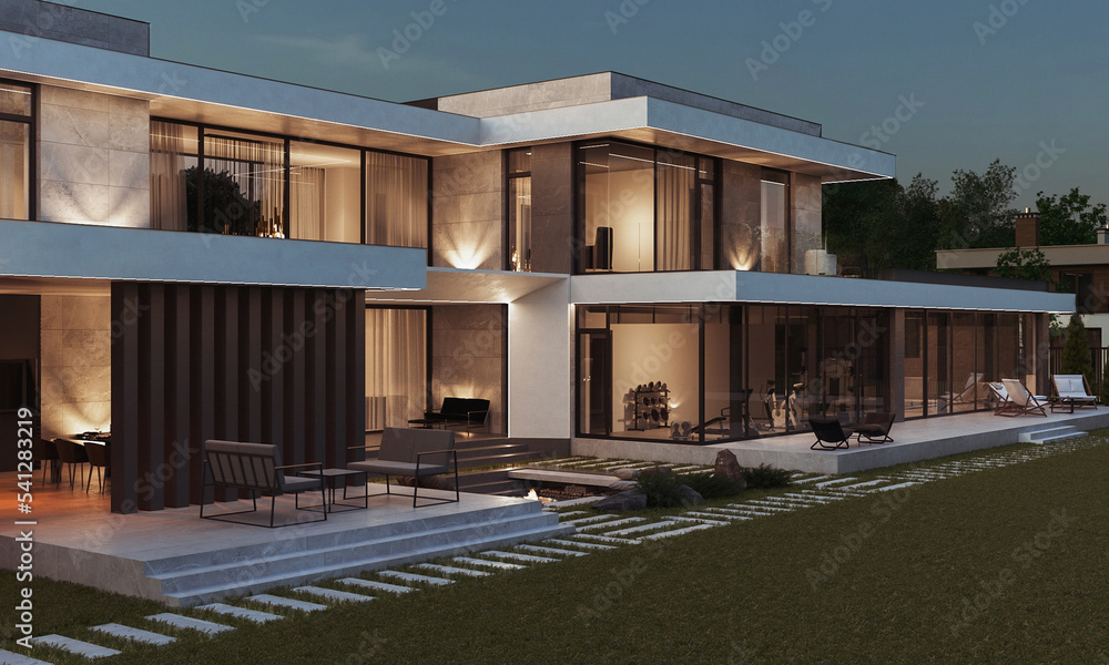 3D visualization of a modern house with a terrace and panoramic windows ...