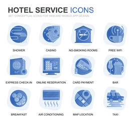 Poster - Modern Set Hotel Services Gradient Flat Icons for Website and Mobile Apps. Contains such Icons as Luggage, Reception, Room Services, Fitness Center. Conceptual color flat icon. Vector pictogram pack.