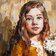 © Mariia - Young beautiful girl holding wildflowers in her hands. Created in the expressive manner. Palette knife technique of oil painting and brush.