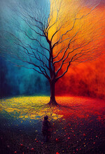 Colorful Liquid Oil Paint With Tree Silhouette Design Illustration