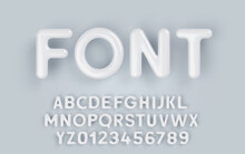 3D White Plastic Alphabet With A Glossy Surface On A Gray Background.