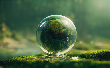 Environment conservation concept. Close up of glass globe in the forest with copy space background 3d render.