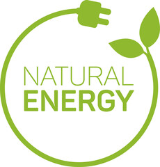 Natural energy icon with electric plug, plant and leaf symbol. Eco power. Renewable electricity. Illustration