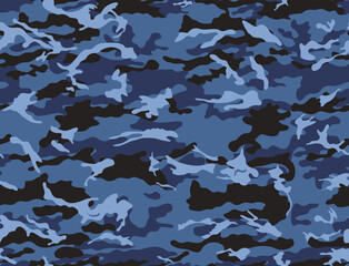 Military blue camouflage background, vector texture, modern shape pattern, army