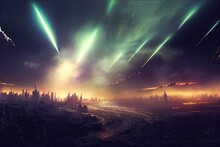 Falls Of Meteorites On The Metropolis. Dramatic Apocalyptic Background. Digital Art Style, Illustration Painting