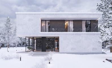 Wall Mural - Modern villa with panoramic windows and a terrace. Exterior in the snow. Winter area. Evening illumination of the facade. Tree through the canopy. House in the forest. 3D visualization