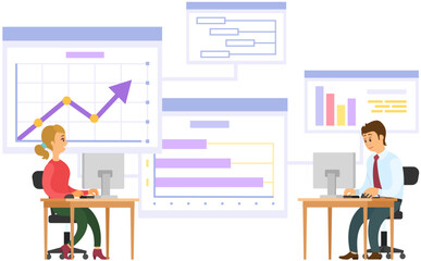 Wall Mural - Businessteam stands in front of screen with chart. Office employees brainstorming, have teamwork for company finance development. Colleagues conduct analytics of statistical data, diagram on banner