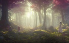 Fairy Summer Forest Magic Scene. Warm Sunlight Shines Through A Mysterious Haze. Beautiful Natural Landscape. Digital Painting Illustration.