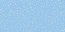 Hand Drawn Falling Snow Seamless Pattern, Uneven Round Fading Chaotic Dots, Spots, Flakes. Sketched White Snowflakes On Sky Blue Repeating Snowfall Background. 