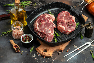 Poster - fresh meat with ingredients for cooking on grill pan. Culinary, cooking, bakery concept