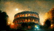 Colosseum at night with lights in Rome Italy. Digital art and Concept digital illustration.