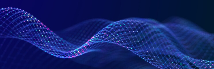 Particle stream. Purple background with many glowing particles. Information technology background. 3d rendering.